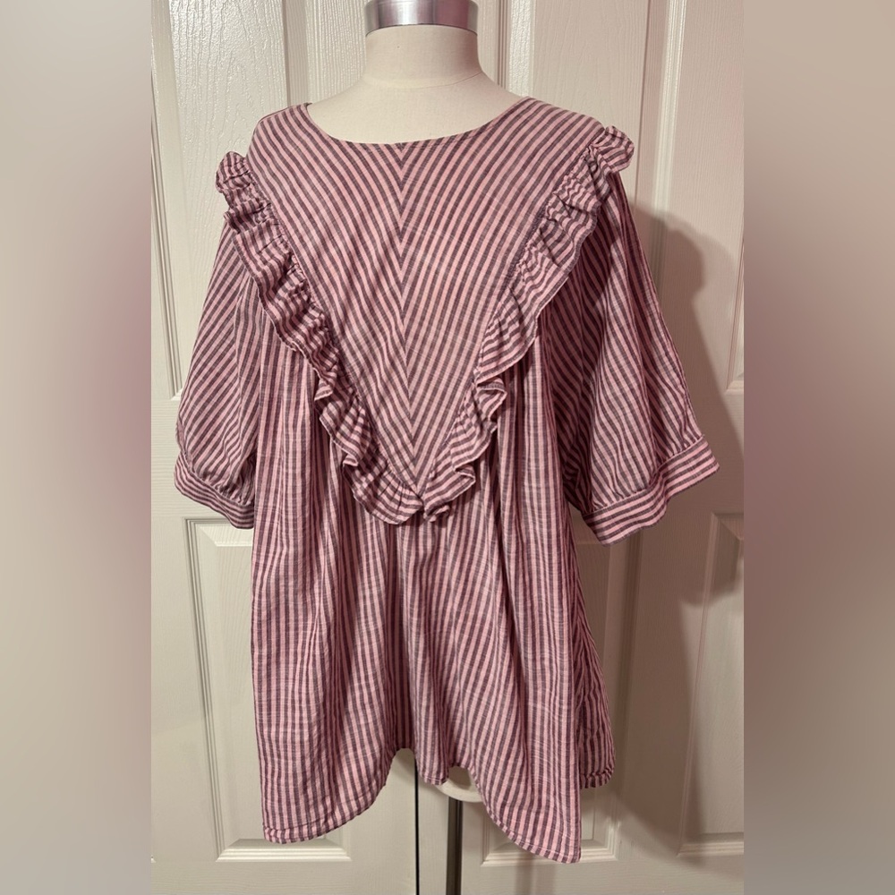 TERRA & SKY Women’s Mauve Pink & Purple Stripe Cotton Blouse Top Ruffle Front 2X